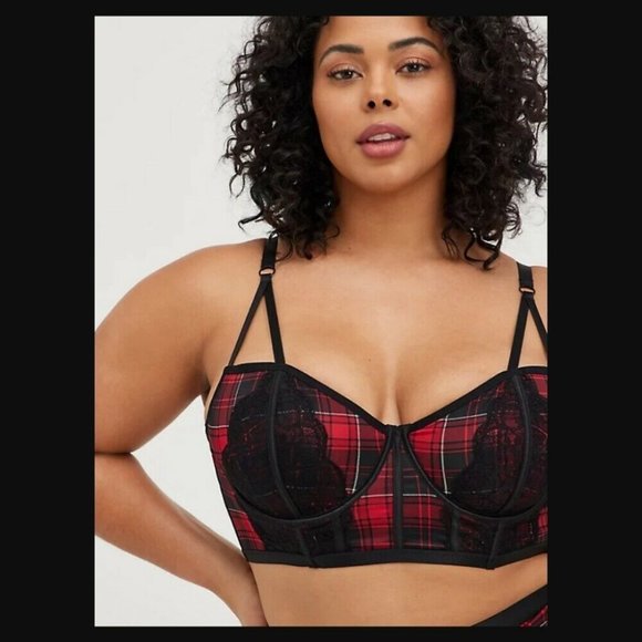 Torrid Plus Size Woman Bra Plus Size PLAID STRAPPY BRALETTE Bra Black Red - Picture 1 of 4